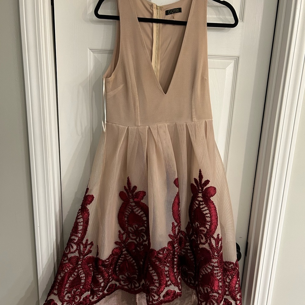 Formal tan and red embroidered dress